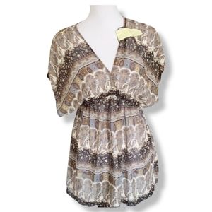 Logix brown flowy top boho flutter v neck blouson tunic mini dress